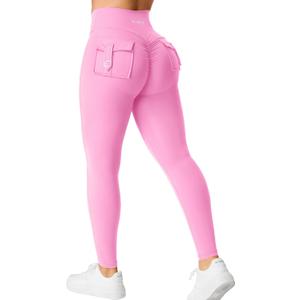YEOREO CoreFlex Leggings with Pockets for Women Charm Scrunch Workout Leggings V Cross Waist Butt Lifting Gym Yoga Pants (Medium, Pink)