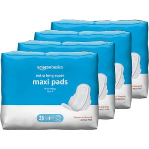 Amazon Basics Thick Maxi Pads with Flexi-Wings for Periods, Extra Long Length, Super Absorbency, Unscented, Size 3, 104 Count (4 Packs of 26) (Previously Solimo)