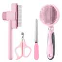 Cat Grooming Kit, 4-in-1 Cat Grooming Tools with Cats Brush, Flea Comb, Nail Clipper & Trimmer - Deshedding & Dematting for Pets Hair and Paws, Pet Shedding Set for Indoor Dogs & Cats (Pink)
