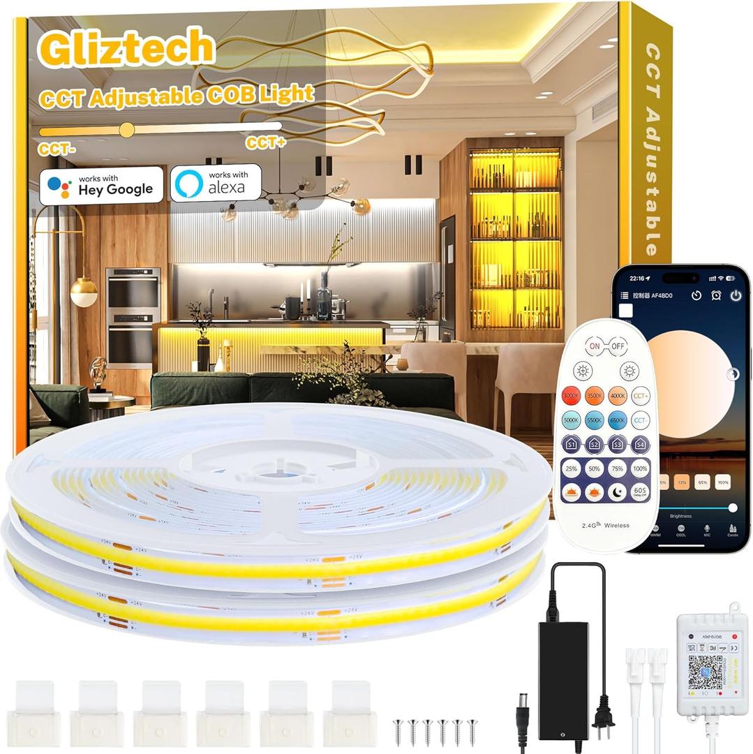66FT White COB LED Strip Light Alexa Compatible, 3000k to 6500k Warm White to Cool White Dimmable Ultra Bright Cob Strip, Under Cabinets Lighting with Remote and App for Kitchen, Bedroom