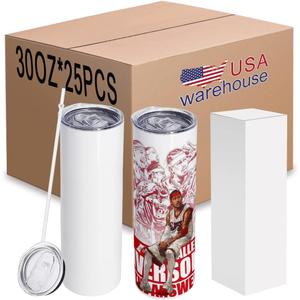 25 pack 30 oz Sublimation Blanks Tumblers skinny with lid and straw
straight Double Wall coffee cups stainless steel travel Vacuum Insulated tumbler , White Metal mugs