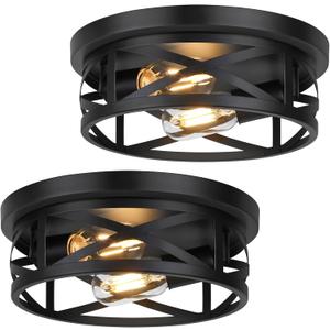 2-Light Flush Mount Ceiling Light Fixtures, 2-Pack Farmhouse Black Ceiling Lights, Industrial Metal Cage Light Fixtures Ceiling Mounted with Adjustable Head, Ceiling Lights for Bedroom Hallway Kitchen