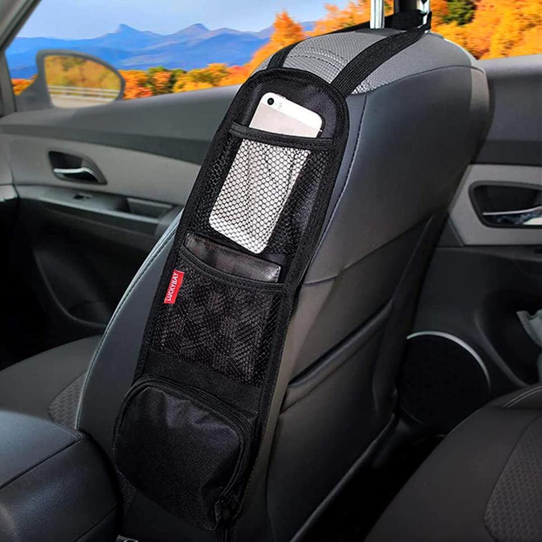 Luckybay Car Seat Side Organizer, Auto Seat Storage Hanging Bag, Phones, Drink, Stuff Holder with Mesh Pocket for Cars, SUV & Truck (Black)