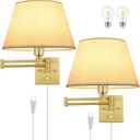 TRLIFE Dimmable Wall Sconce Plug in, Brushed Brass Wall Sconces Set of 2 Swing Arm Wall Lights with Plug in Cord and Dimmer On/Off Knob Switch, 11.8" Large White Fabric Shade(2 LED Bulbs Included) (Gold)