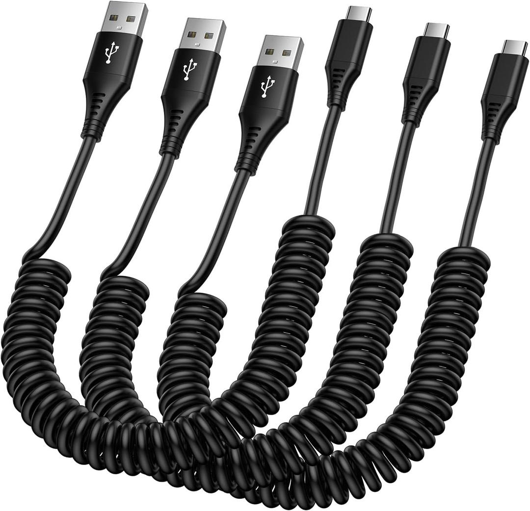 USB A to USB C Cable Fast Charging 6FT/3Pack for iPhone 16e/16 Pro/16 Pro Max/16 Plus/16, Retractable Car Charger Cord Coiled Type C for Samsung Galaxy S25 Ultra A16 5G A15 A55 S24 FE S23,Pixel 9 Pro