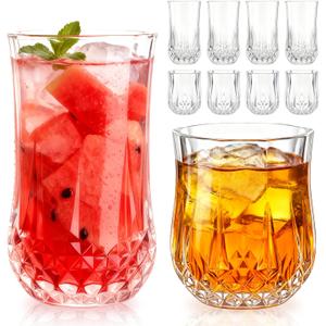 Ruckae Drinking Glasses Set of 8,11 oz and 7 oz Kitchen Water Glass Cups Set,Clear Curvature Glassware Dishwasher Safe,Mixed Drinkware for Beer,Juice,Cocktail,Whiskey,Milk and Various Mixed Drinks