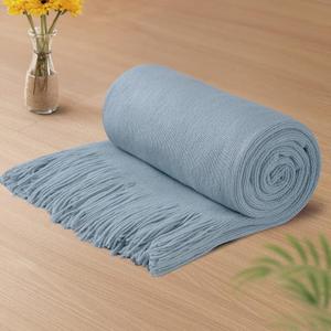Vonty Light Blue Knitted Blanket with Tassels Fringe 60" x 80", Super Soft Knit Throw Blanket, Farmhouse Decorative Lightweight Blanket for Couch, Sofa, Bed