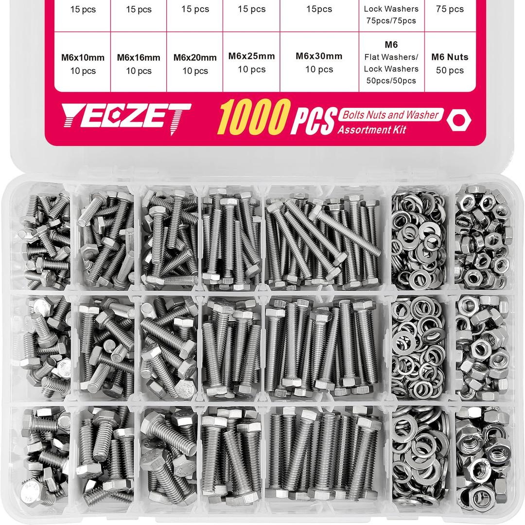 YEEZET 1000pcs M4 M5 M6 Bolts and Nuts Washers Assortment Kit, 304 Stainless Steel Metric Bolt Assortment Set,15 Most Common Sizes,10-40mm