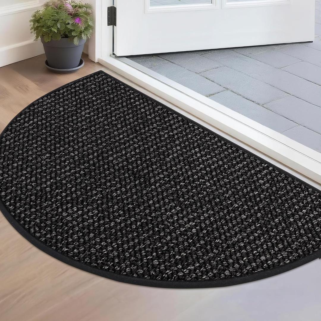 BEQHAUSE Dirt Trapper Door Mat 17" x 30" Half Circle Non Slip Washable Doormats Entrance Rugs Absorbent Welcome Low Profile Floor Mats for Front Back Door and Entryway, Black