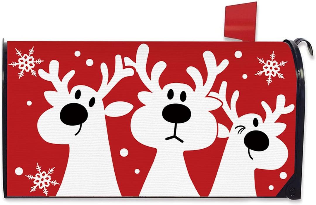 Christmas Reindeer Red Mailbox Cover Magnetic Standard Size 20.5" x 18", Xmas Snowflake Decorative Post Letter Box Wrap Decor, Winter Holiday Garden Yard Outdoor Decoration