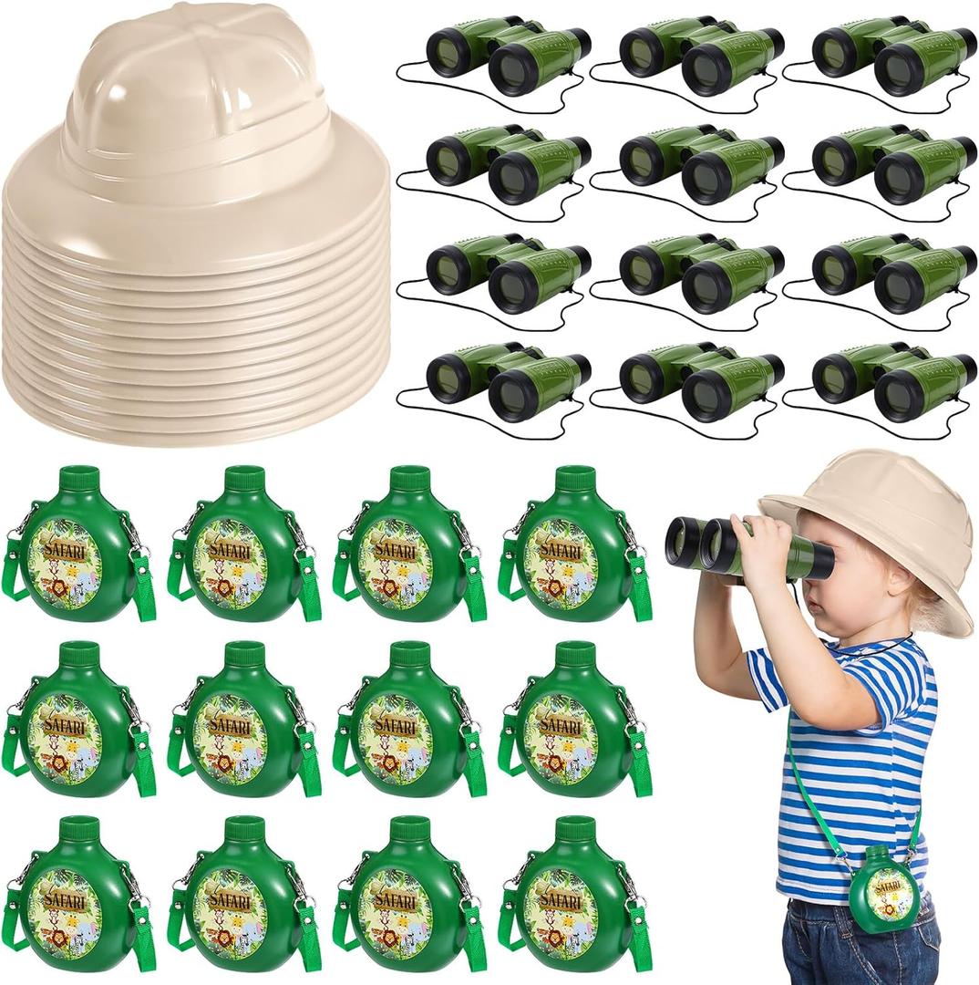 Haysandy 36 Pcs Kids Explorer Kit Include 12 Plastic Explorer Safari Hats and 12 Water Bottles and 12 Adventure Binoculars for Jungle Camping Outdoor Activity Party Birthday Gifts
