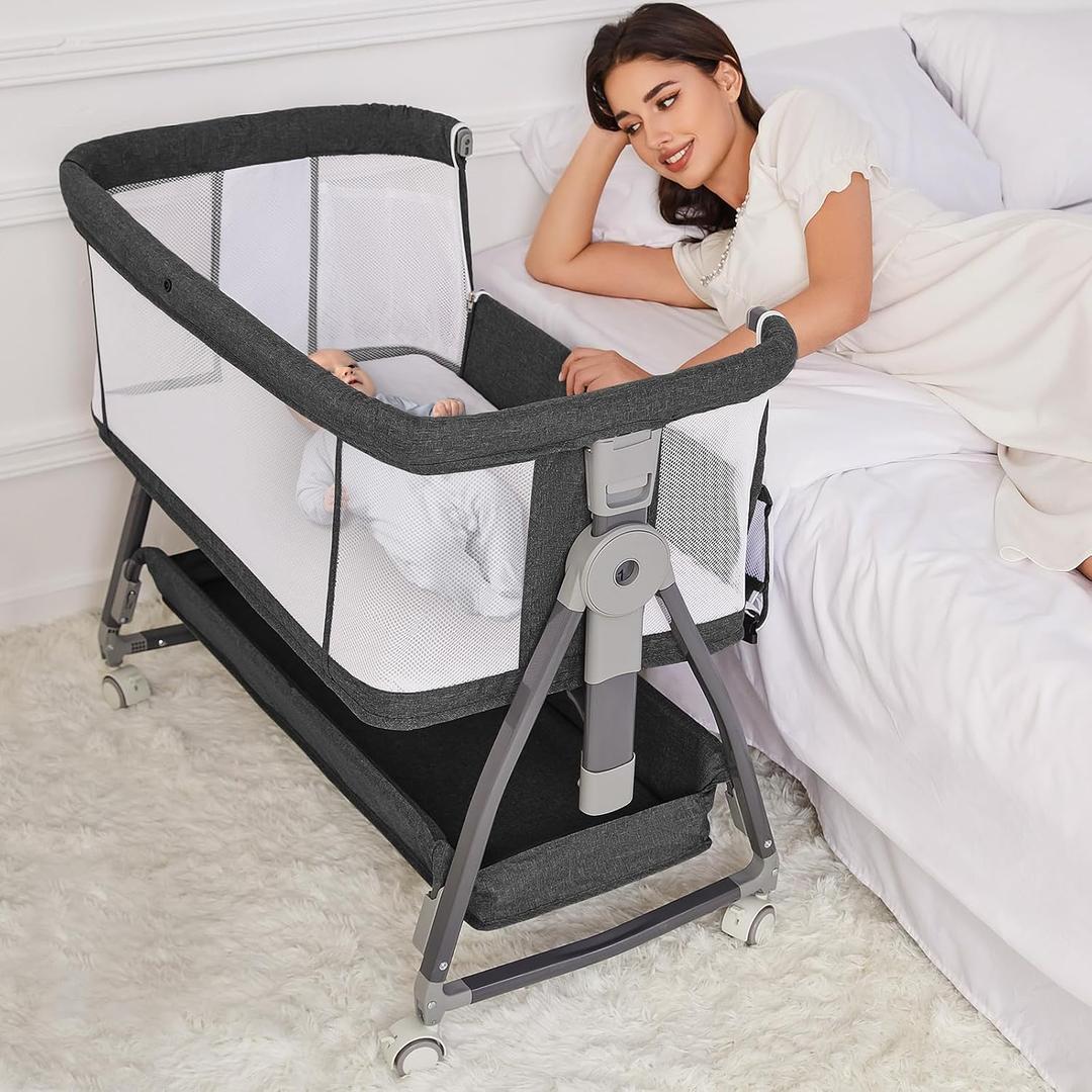 Jixrolyn Bedside Bassinet for Baby, Adjustable Newborn Bassinet with Wheels, Storage Basket, Mattress, Easy to Assemble & Portable Folding Baby Cradle (Black), Crib