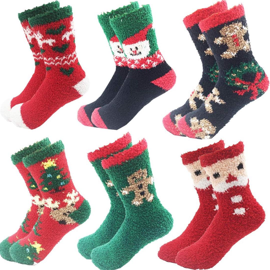 October Elf 6 Pairs Adult Christmas Holiday Socks - Warm, Cozy Fuzzy Socks With Plus Size And Anti-Slip Bottom (Green)