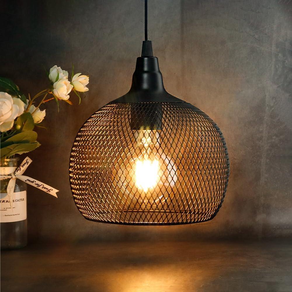 JHY DESIGN Hanging Lamp Black Battery Powered Decorative Pendant Lamp Metal Cage Battery Lamp with 6 Hours Timer for Bar Bedroom Garden Parties Patio Indoor Outdoor Living Room(Round) (8.5 inches, Round)