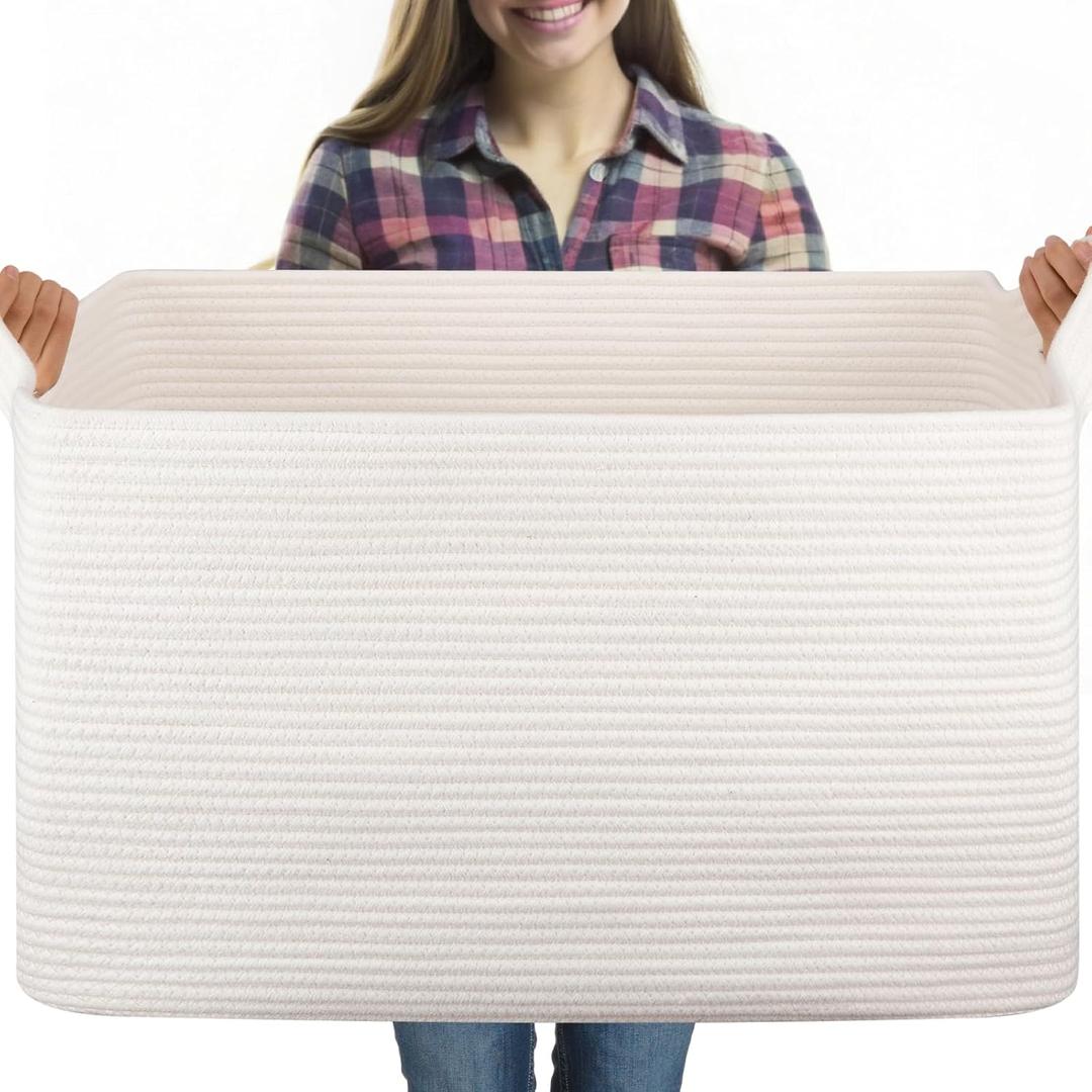 95L Extra Large Blanket Basket, 24" x 16.9" x 14.2" Woven Storage Basket for Living Room, Rectangle Nursery Blanket Storage for Toys, Towels, Dirty Clothes (White)
