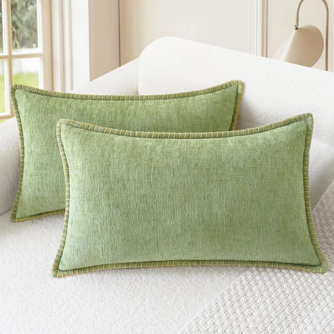 CaliTime Throw Pillow Covers Decorative 12 X 20 Inches Pack of 2 Cotton Thread Stitching Edges Solid Dyed Soft Chenille Cushion Cases for Couch Sofa Bed Living Room Farmhouse Sage Green