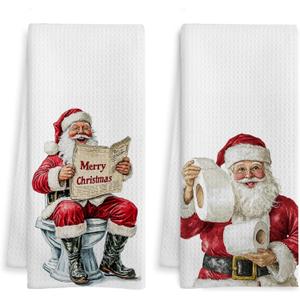 Funny Santa Bathroom Hand Towels, Christmas Bathroom Decor, Retro Xmas Santa Claus Decorative Hand Towels for Guest Bath Room Washroom Power Room Half Bath, 16x24 Inch Set of 2 (Color-10)