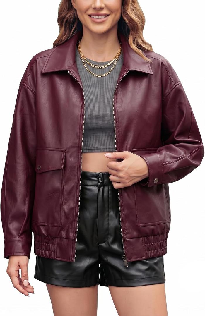 Oversize Leather Jacket Women Faux Motorcycle Coats Bomber with Double Pockets,2025 Fall,Winter Fashion Outwear