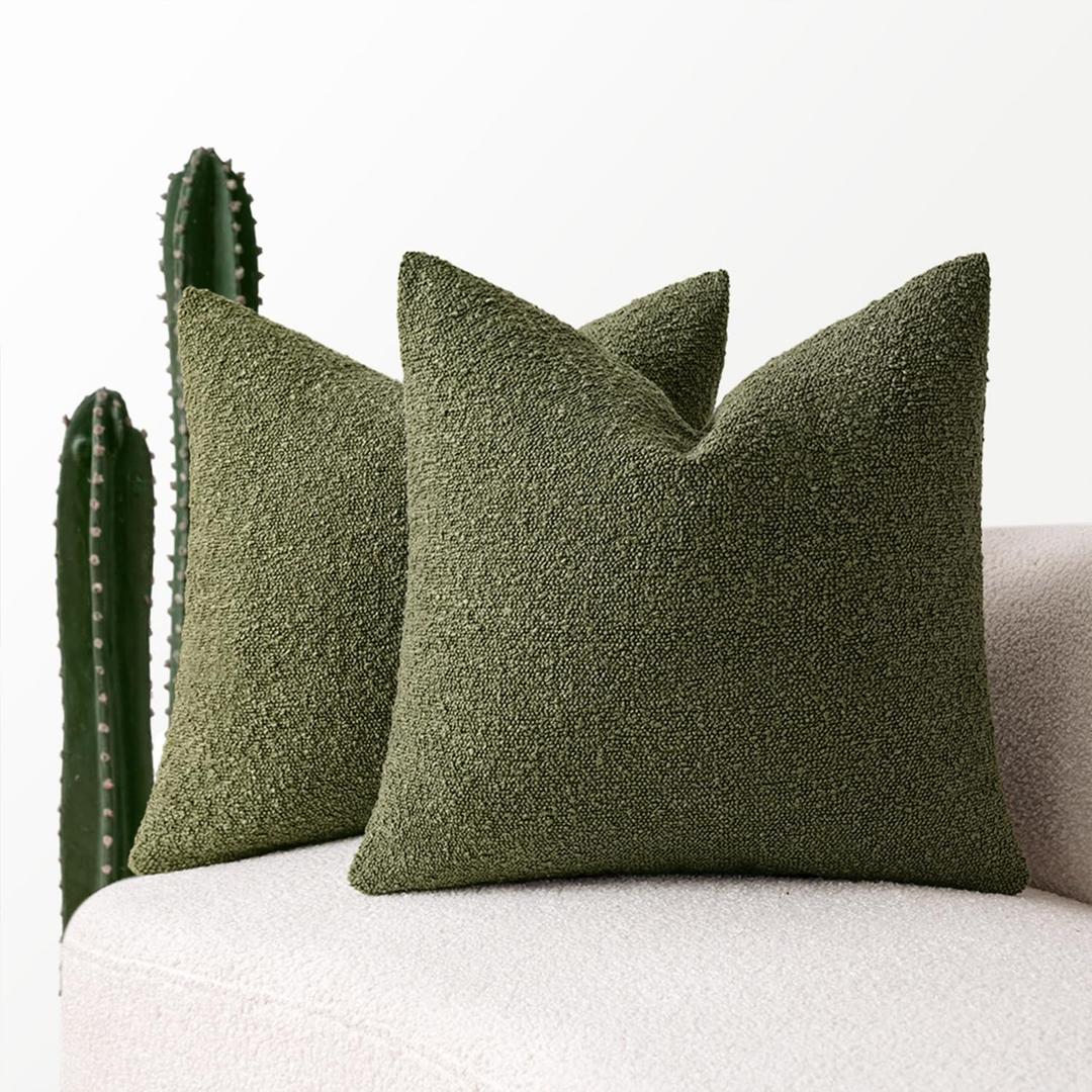 MIULEE 20x20 Inch Decorative Pillow Covers for Couch Bed Set of 2 Textured Boucle Neutral Spring Throw Pillow Covers Olive Moss Green Accent Solid Pillowcases Sofa Living Room Home Decor