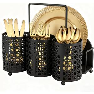 Utensil Caddy Silverware Holder Fork Spoon Napkin Paper Plate Organizer Metal Utensil Holder Cutlery Flatware Organizers for Party Kitchen Countertop Camping Picnic - Black Mesh