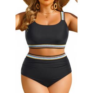 Black Women Two Piece Plus Size Bikini - High Waisted Swimsuits Tummy Control Bathing Suits Swimwear 2025 20W