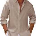 Runcati Mens Button Down Shirt Cotton Linen Casual Long Sleeve Shirts Collared Hippie Beach Tops (Medium, Khaki)
