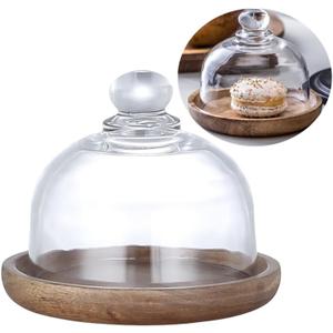 Glass Dessert Dome with Wood Base,Mini Cake Stand,Cake Plate Wooden Plates with Dome,Fruit Display Server Tray for Kitchen, Birthday, Wedding,Appetizer Dessert and Cheese Serving Stand (Round-4inch)