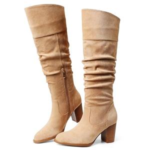 Erocalli Suede Knee-High Boots Fall Boot For Women Chunky Block High Heel Slouch Fashion Boot Round Toe Side Zipper, Size 10