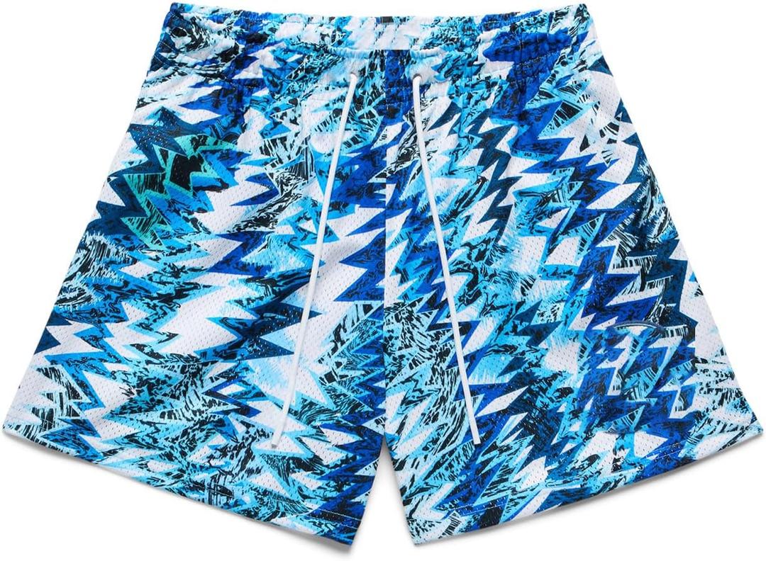 Mens Mesh Floral Shorts Art Print Butterfly Graphic Lightweight Casual Loose Designer Knee Length with Pockets (Blue, L)