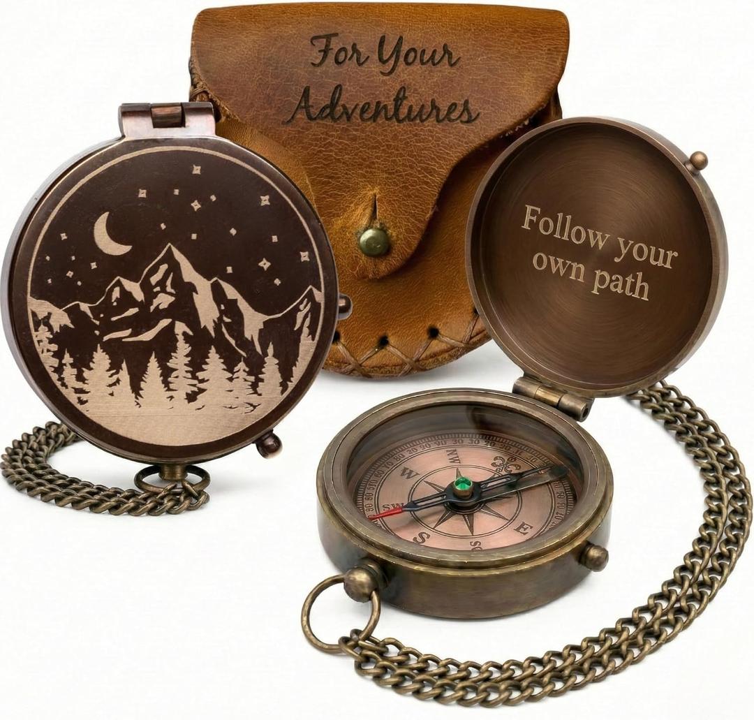 Engraved Brass Pocket Compass Gift for Men Vintage Antique Compass for Hiking, Adventure, and Travel Leather Case Included Moon & Stars, or Road Design Gift for Dad, Husband, or Son