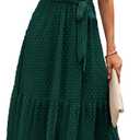 BTFBM Women Summer Bohemian Floral Casual Wrap V Neck Ruffle Cap Sleeveless Belt A-Line Pleated Hem Midi Sun Dress White (Swiss Dot Dark Green), Size Medium