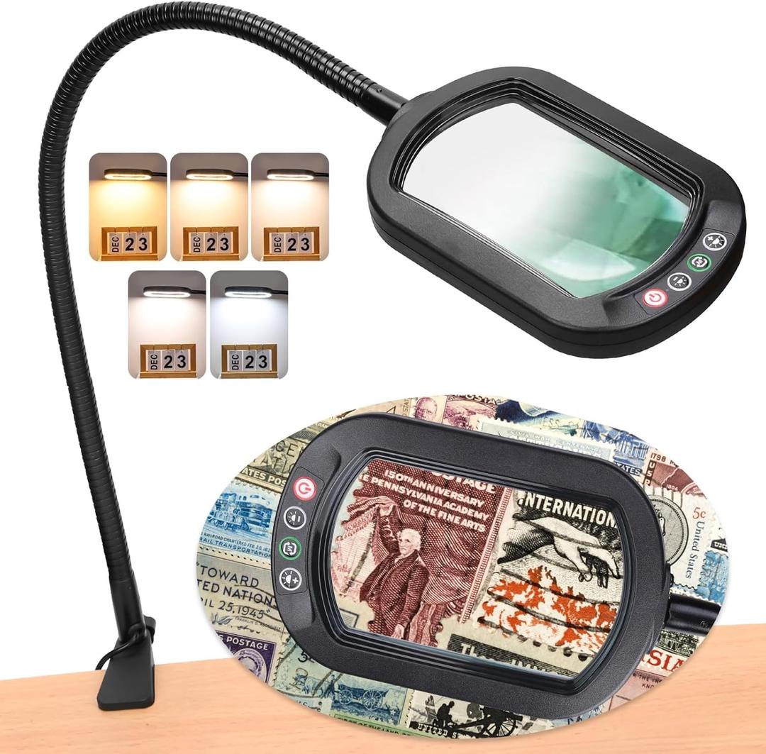 VEEMAGNI 10X Magnifying Glass with Light and Clamp, Rectangle 24" Gooseneck Magnifier with Stand, 5 Color Modes Dimmable LED Lighted Desk Lamp, Hands Free Magnifier for Reading Painting Crafts Jewelry (Black)