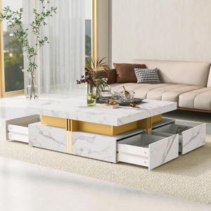 Linique Modern Square Storage Coffee Table with 4 Drawers for Living Room, White