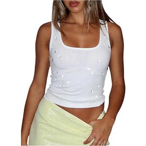 SweatyRocks Women's Rhinestone Square Neck Crop Tops Slim Fit Rib Knit Casual Tank Top, Size: Large