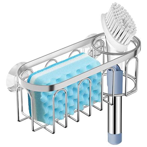 Yazoni 2-in-1 Sponge Holder for Kitchen Sink, Suction Cup Kitchen Caddy, No Drill Rustproof Sink Organizer for Place Dishwashing Brush Soap and Sponge (Silver)