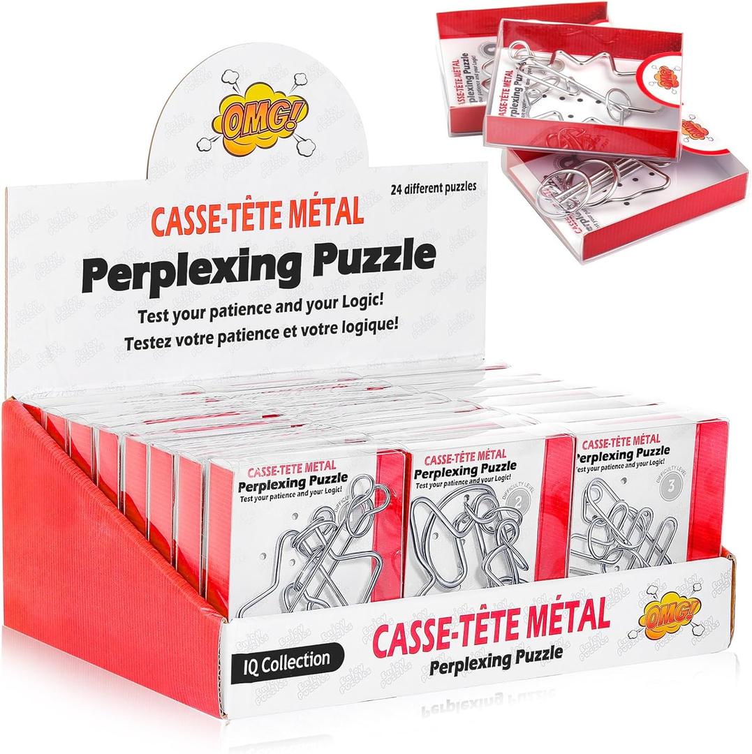 Yilloog 24 Packs Large Metal Bulk IQ Wire Metal with Paper Box Gift Package Educational Valentine Gifts Easter for Party Favor Adults Challenge Gifts(Colored,Unique Styles)