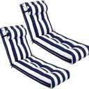 Wenqik Set of 2 Outdoor Chaise Lounge Cushions 76 x 22 x 6 Inch Waterproof Patio Furniture Chaise Cushion with Headrest Pillow Thick Tufted Lounge Pad for Lawn Pool Hotel(Navy Blue White Stripes)