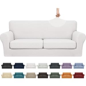 YEMYHOM Latest Checkered 3 Pieces Couch Covers for 2 Cushion Couch High Stretch Sofa Cover with 2 Extra Large Seat Cushion Covers Anti Slip Elastic Slipcovers (XL Loveseat, White), 71"-91"(2 CUSHIONS)