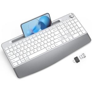Ergonomic Wireless Keyboard with Wrist Rest-Low-Profile,Phone/Tablet Holder,Quiet DesignWindows & Mac OSFull Size Cordless USB Computer Keyboard for Desktop,Laptop, PC, Mac, Windows-White