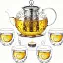 Amzcku 50OZ/1500ml Vintage Glass Teapot Set with 4 Cups, Teapot Set with Removable Infuser Stovetop Safe, Borosilicate Glass Tea Kettle for Blooming & Loose Leaf Tea