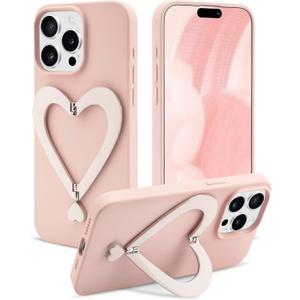 Jusy Case for iPhone 15 Pro, Cute Heart with 3D Heart Stand Slim Fit Liquid Silicone Soft Anti-Scratch Microfiber Lining Shockproof Protective Phone Cover for Girly Women Case - Pink