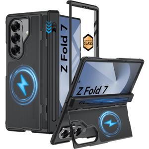 Magnetic for Samsung Galaxy Z Fold 7 Case, [Compatible with MagSafe][Thinner S Pen Holder] [Invisible Kicktand] [Hinge Protection] [Screen Protector],Shockproof Full Body Heavy Duty Phone Cover(Black)