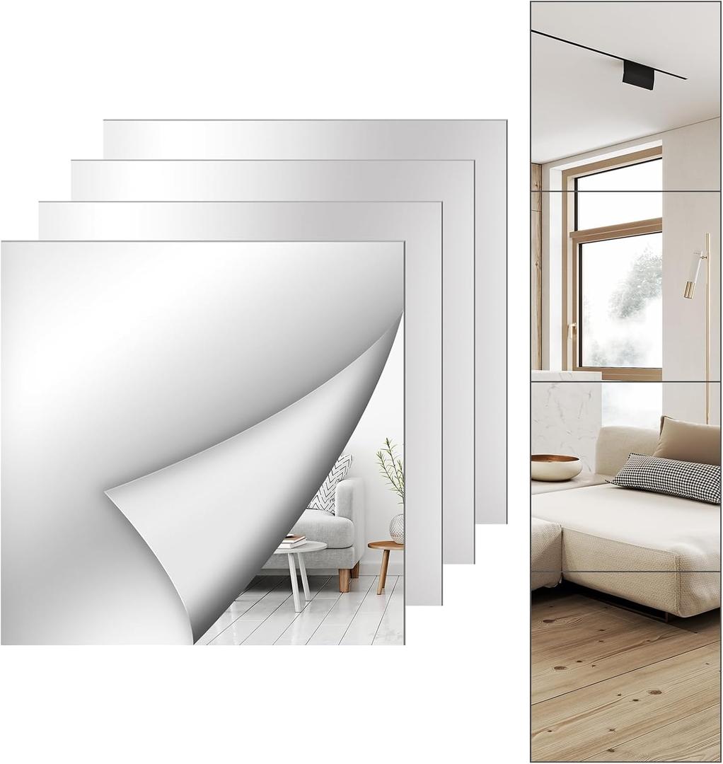 4 Pack Wall Mirror Full Length, 12 x 12 Inch Acrylic Mirror Tiles, Shatterproof Flexible Plastic Mirror Sheets for Bedroom Home Gym Door (12x12inchx4pack)