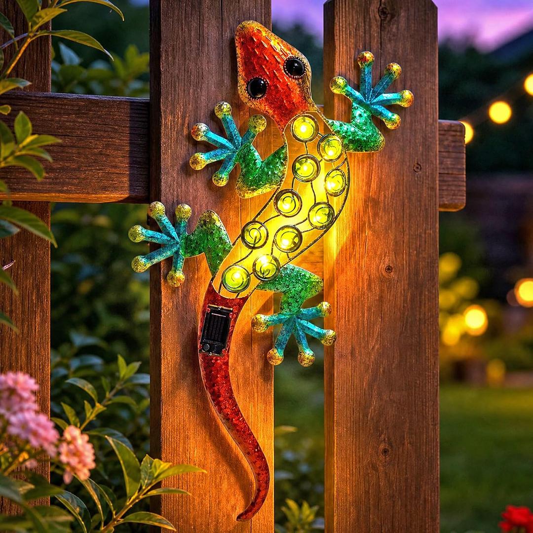 23.8" Solar LED Light Metal Gecko Wall Decor, Lizard Sculpture for Garden, 23.8"L x 11.4"W, Pack Of 1