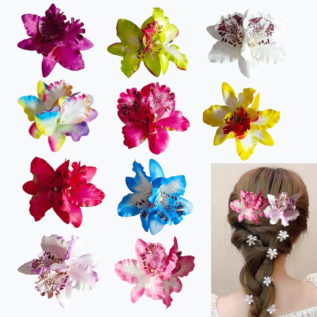 10 Pcs Bohemian Flowers Hair Clip, Multi Color Chiffon Orchid Hair Clips, Double Orchid Hair Clips, Bridal Wedding Jewelry, Beach Party Wedding, Hair Clip Accessories