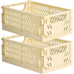 HUUSMOT 2Pack Small Pastel Plastic Storage Baskets, Collapsible Crates for Organizing, SpaceSaving Mini Bins for Classroom, Kitchen, Office, Bedroom (Yellow, 9.8" x 6.5" x 3.8")