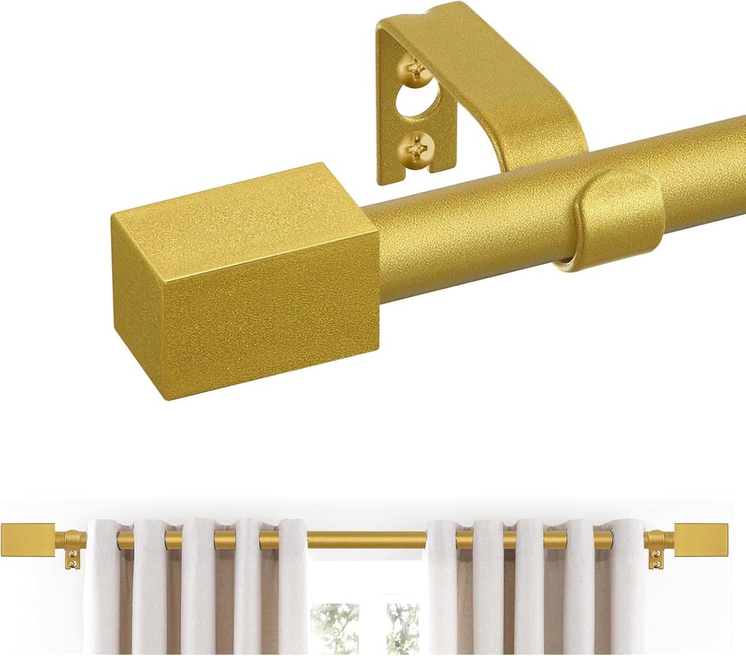 Gold Curtain Rods 66 to 120 Inches(5.5-10 Feet),5/8 inch Splicing Drapery Rods with Cuboid Style Design,Small Curtain Rods Set,Size: 36''-120'',Brass Gold
