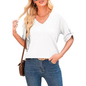 Dokotoo Women's Tops Dressy Casual V Neck Short Sleeve Rolled Hem Loose Blouses T Shirts (Black, XL)