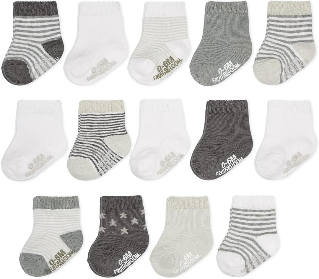 Fruit of the Loom Baby 14-Pack Grow & Fit Flex Zones Cotton Stretch Socks - Unisex, Girls, Boys (0-6 Months, Grey Stripe)