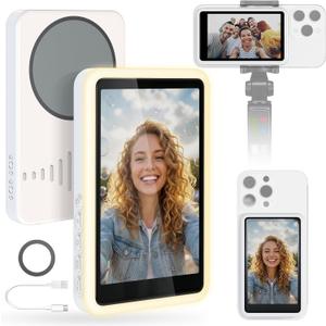 Selfie Monitor Screen iPhone with Light, Magnetic Phone Vlog Back Camera Monitor for Content Creator, Influencer, Live Streaming and TikTok, Snaplylens for iPhone Android Selfie Screen White